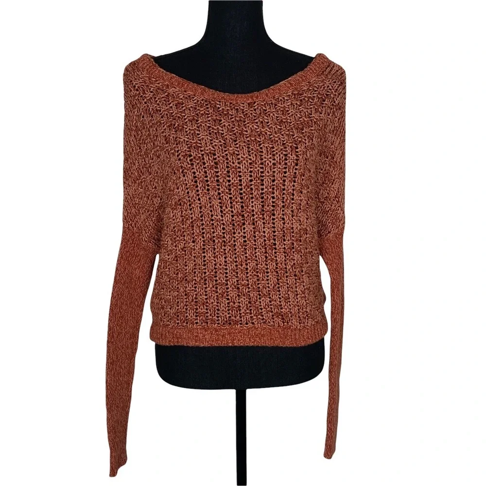 FREE PEOPLE Women Wide Scoop Neck Long Sleeve Loose Weave Sweater Sz S Orange
